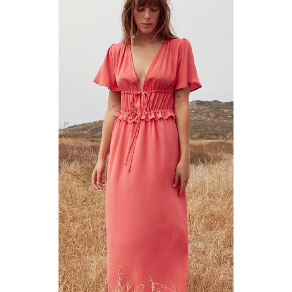 Christy Dawn Coral Pink Flutter Sleeve V Neck Peplum Waist Midi Dress